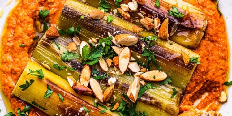 Romesco sauce with braised leeks
