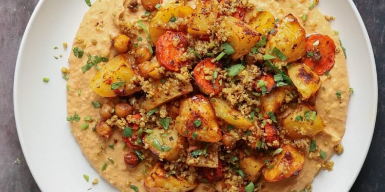 Harrissa Roasted Vegetables with Bean Puree and Walnut Crumble