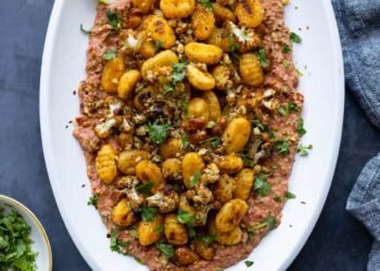 Crispy Gnocchi with Muhammara Bean Dip