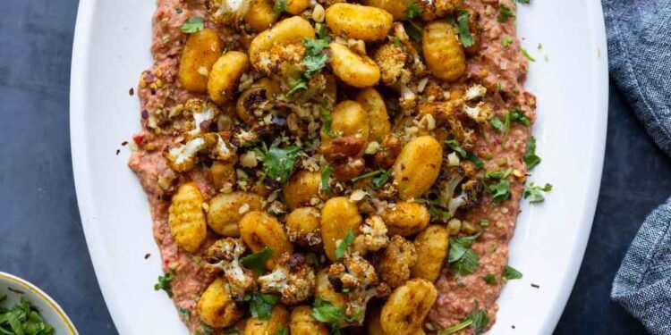 Crispy Gnocchi with Muhammara Bean Dip