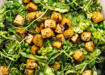 Green spring salad with lemon tofu