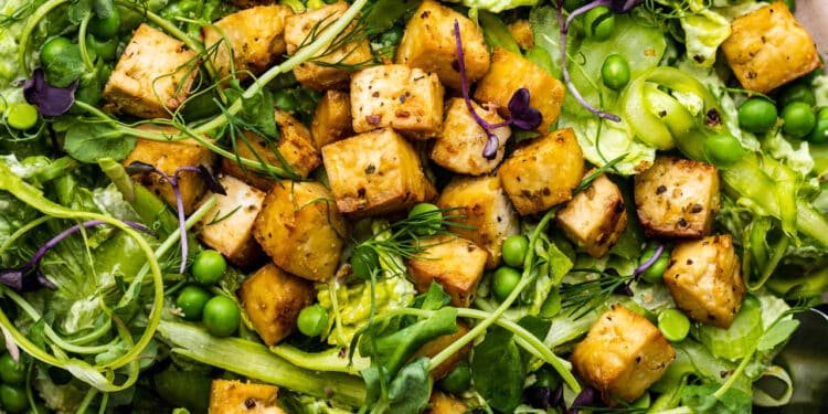 Green spring salad with lemon tofu