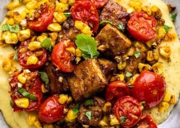 Polenta with tamarind tofu, tomatoes and corn