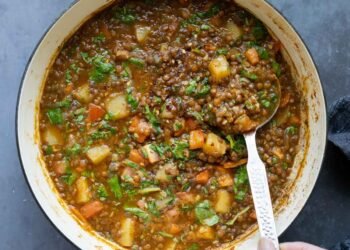 Lentil Potato Soup with Crunchy Seed Topping